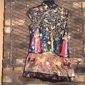 Asian high neck sleeveless blouse gold thread black L